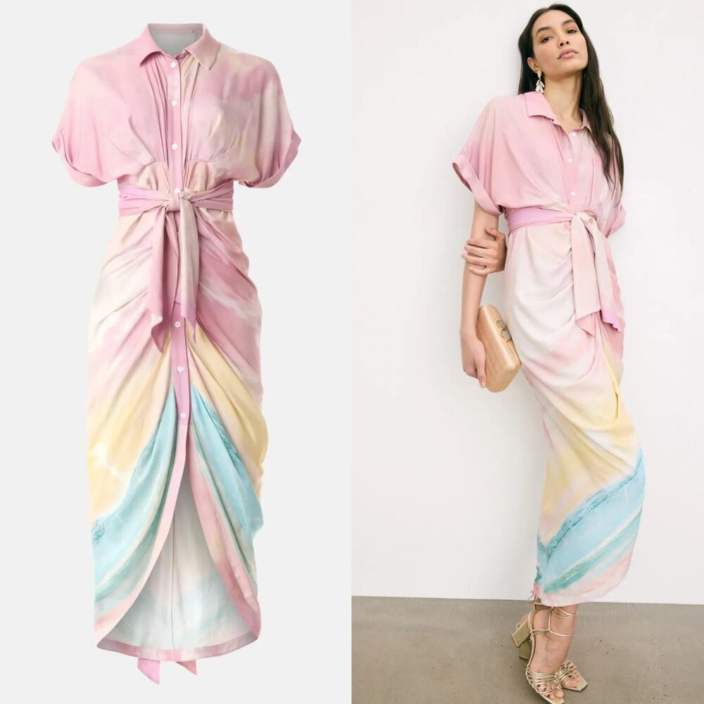 Le Superbe Sparkling Surf Miko Shirt Dress Short Sleeve Draped Midi Pink Ombre 4 - Picture 2 of 8